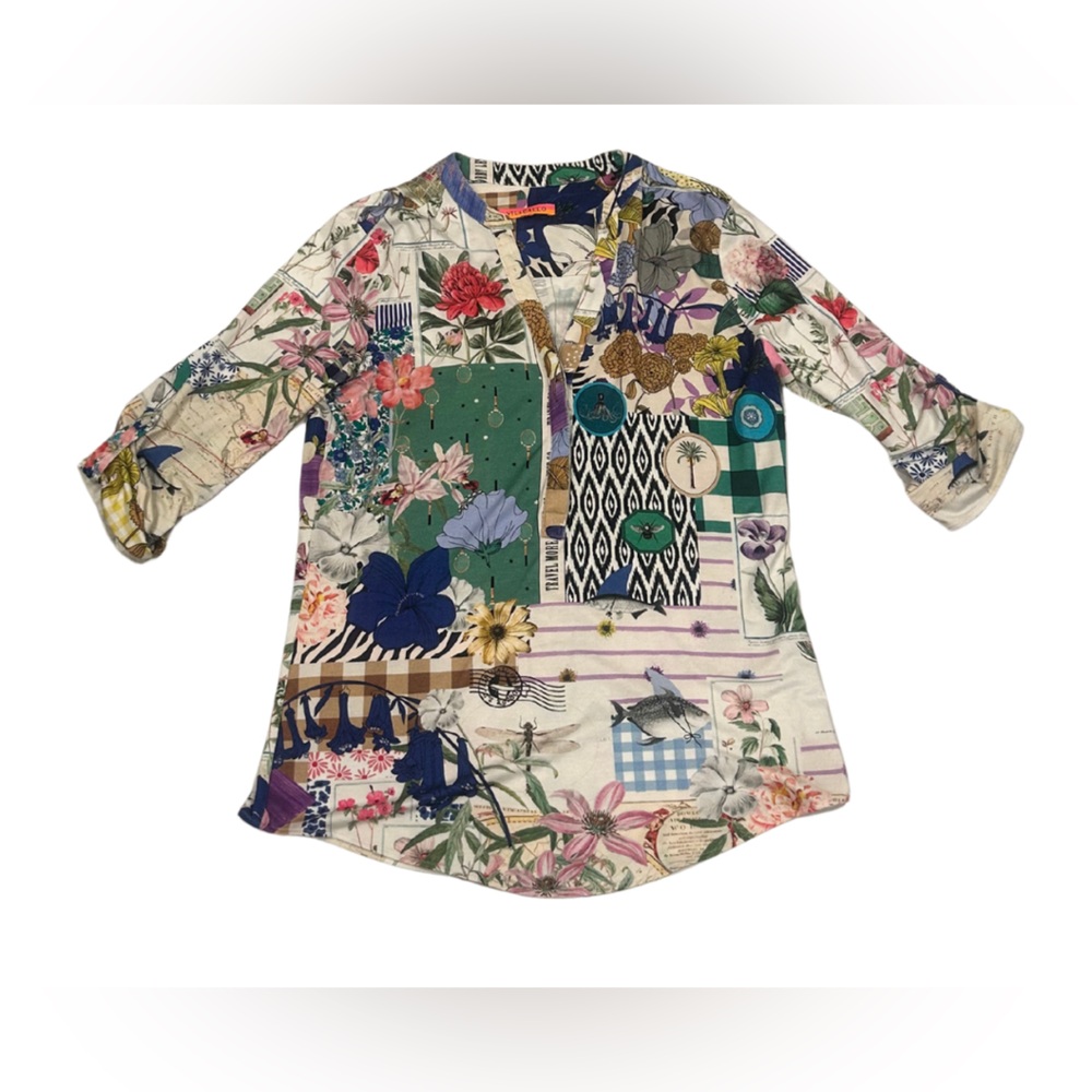 Vilagallo Travel More Multi Print Roll Sleeve VNeck Knit Blouse | Size M (est)